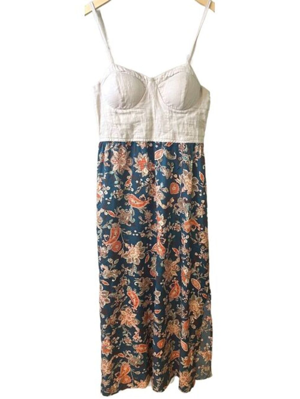 Band of the Free Linen Bustier Floral Maxi Dress Smocked Back Pockets Medium